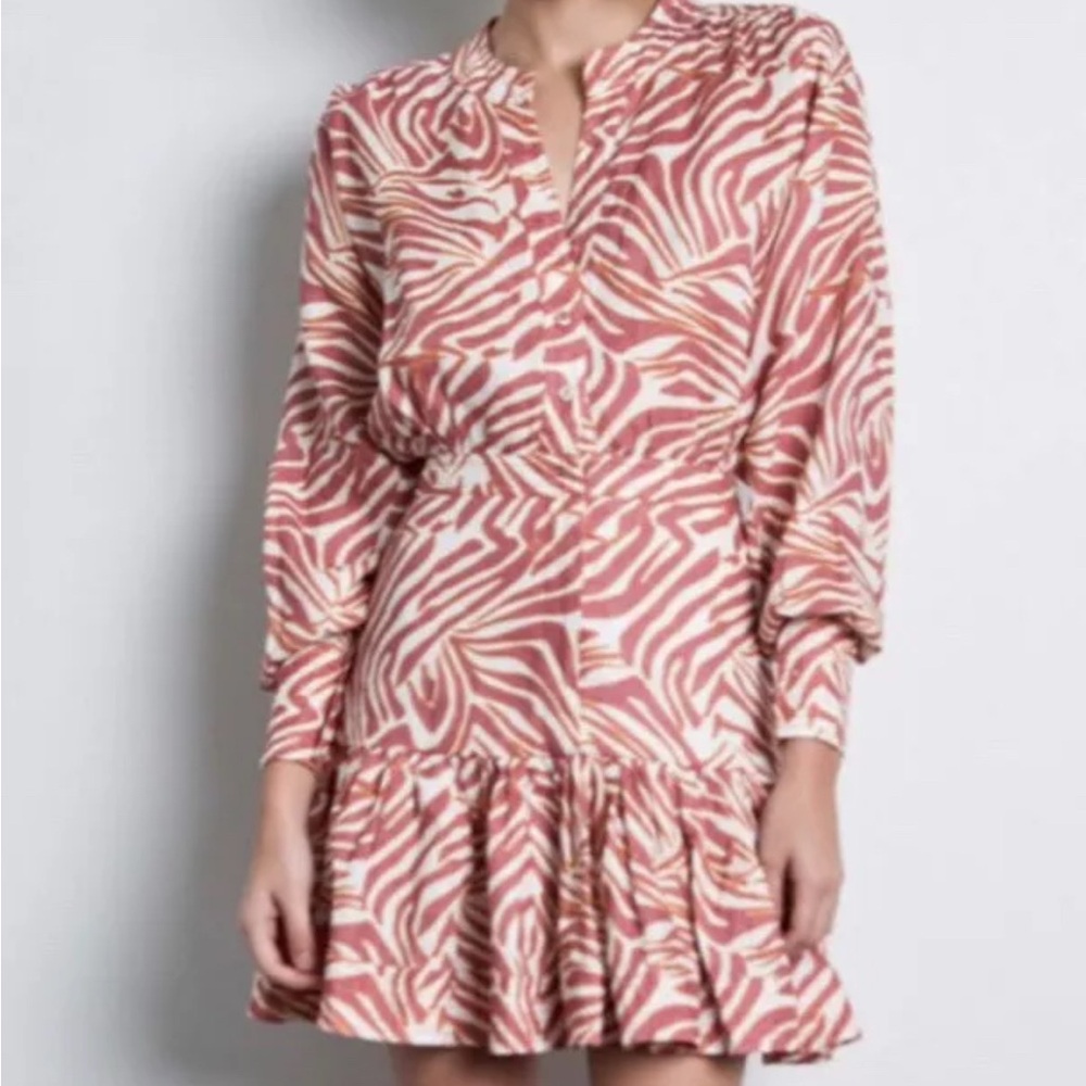 NWT Karina Grimaldi Pink‎ and White Ruffled Tiered Dress Linen Size Small Zebra